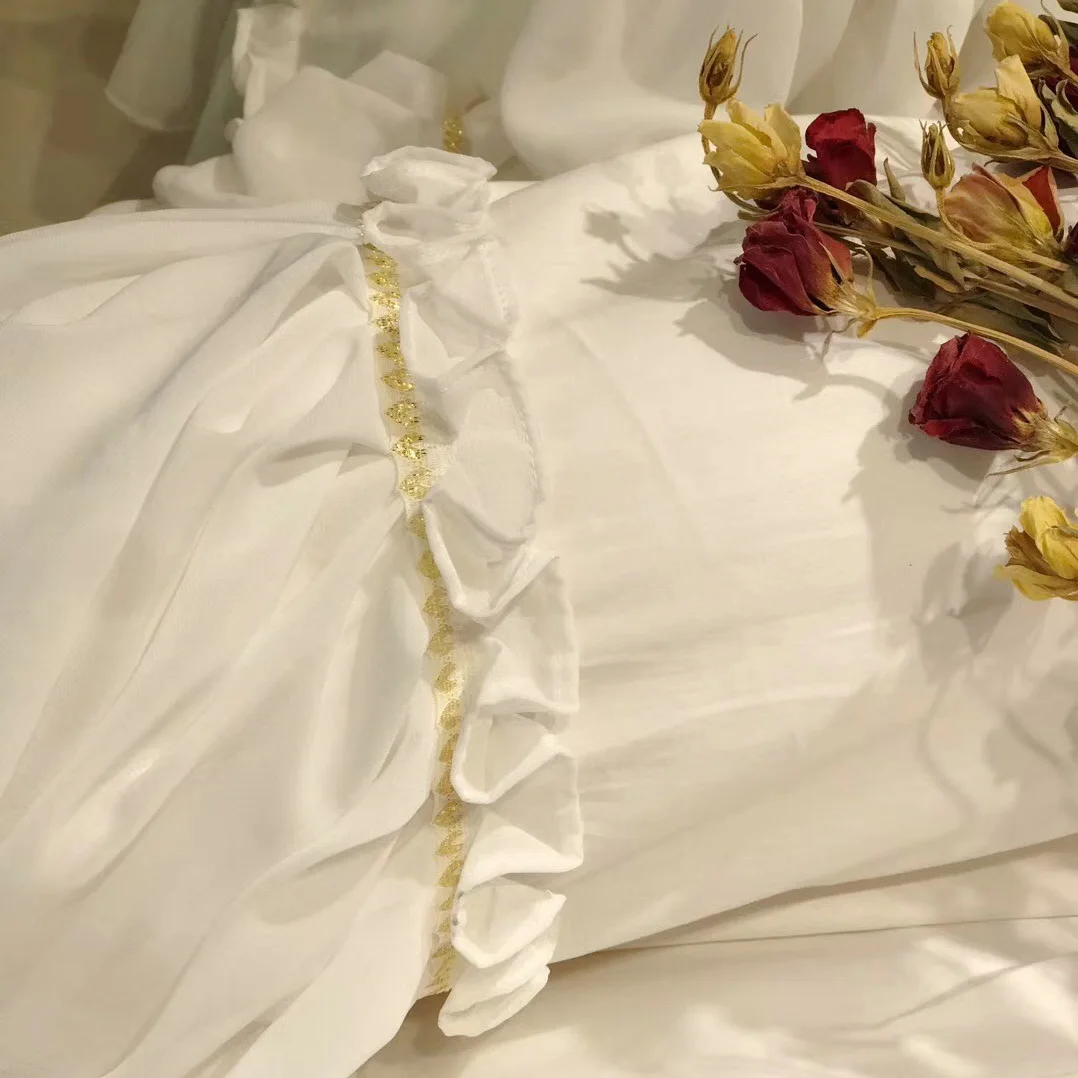 Korean version ruffled 60s long-staple cotton bedding white lace queen king quilt cover kit wedding set comforter sets | Дом и сад
