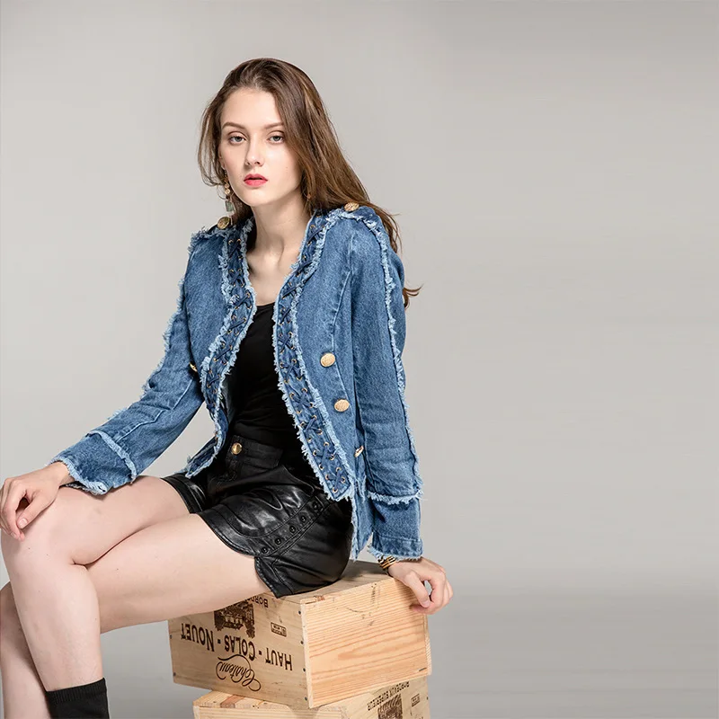 2018 Весенняя женская Роскошная джинсовая куртка Королевского стиля Famale Slim Fit с