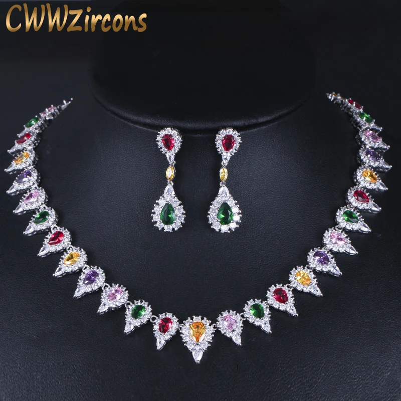 

CWWZircons High Quality Multicolor Cubic Zirconia Pave Setting Big Wedding Bridal Choker Necklace Jewelry Set for Women T320