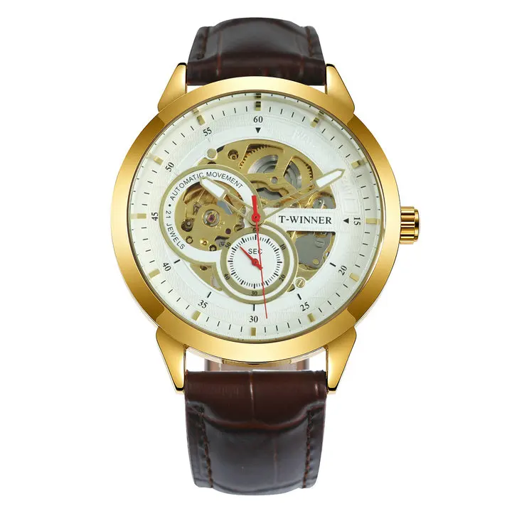 BROWN GOLDEN WHITE WINNER официальные автоматические механические часы для мужчин скелет мужские s часы лучший бренд класса люкс кожаный ремешок аналоговые наручные часы для мужчин - Цвет: BROWN GOLDEN WHITE