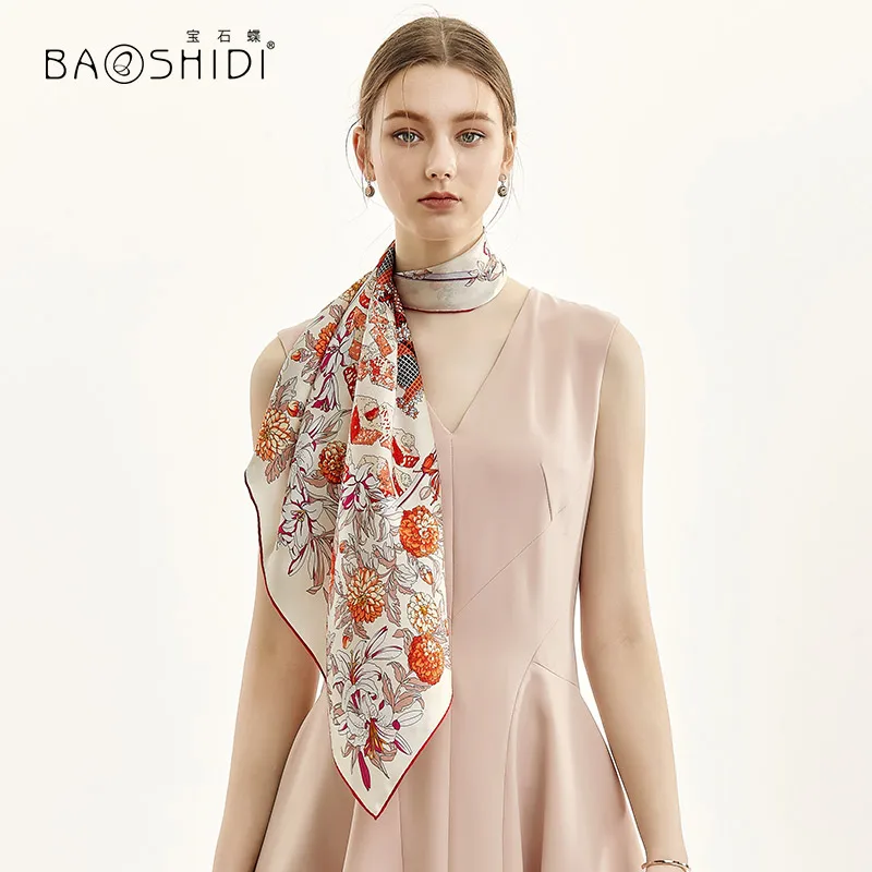 

[BAOSHIDI]2019 Fashion Neck Scarves, 100% Silk Scarf Women, Lady Spring Pure Silk Handkerchief, Hand rolled,Manual print scarf
