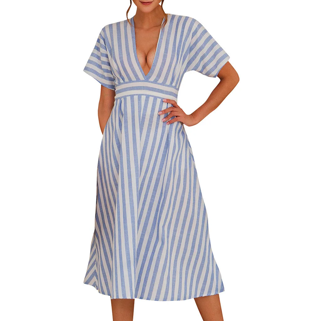 Женское платье в полоску CHGOISIO хлопковое богемном стиле с вырезом лодочкой 19jun19