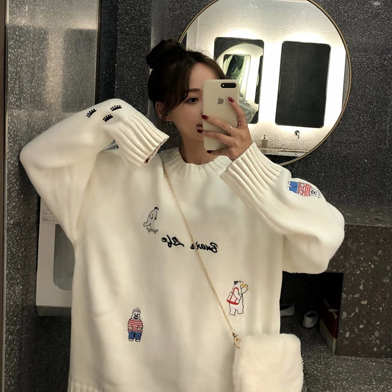 Осенние женские свитера уличная свободная водолазка вышивка Pulllovers женский милый