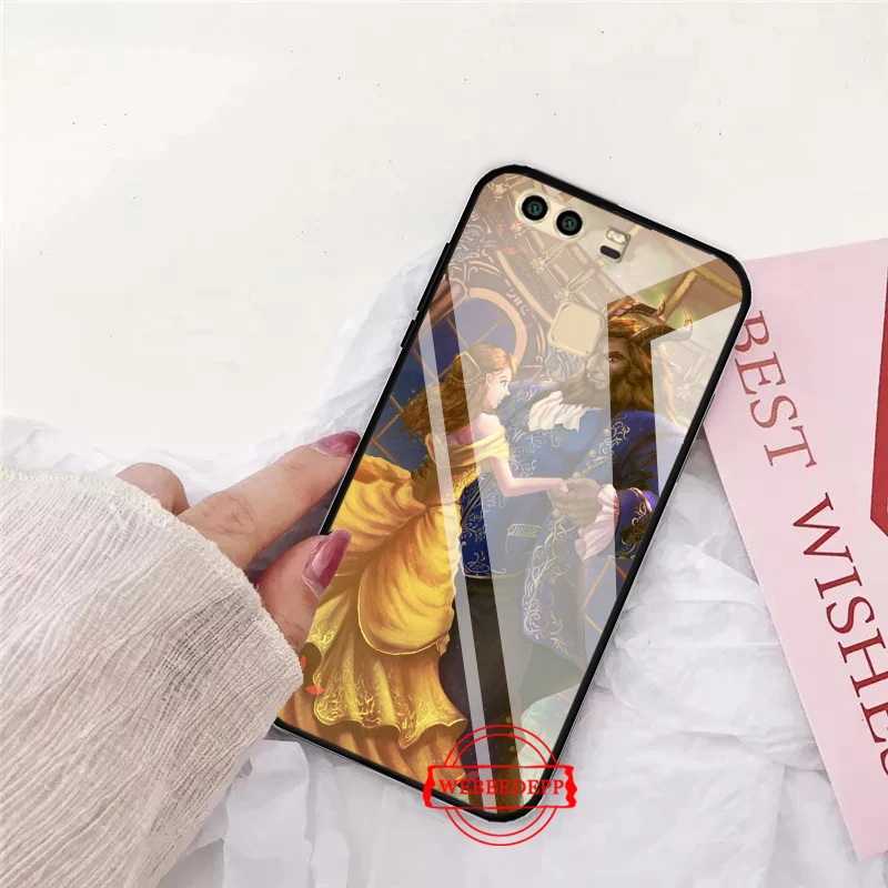 

Beauty Beast Rose Princess Glass Case for Huawei P10 lite P20 Pro P30 P Smart honor 7A 8X 9 10 Y6 Mate 20