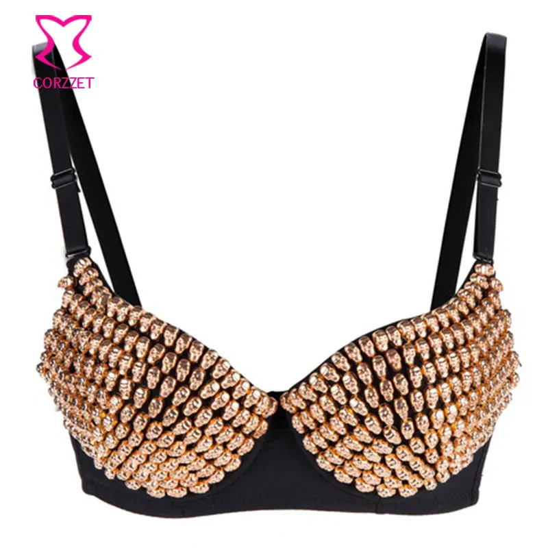 

Steampunk Underwear Clubwear Gold Skull Studded Bra Push Up Bras Women Sutia Dance Sexy Bralette Brassiere Top Gothic Lingerie