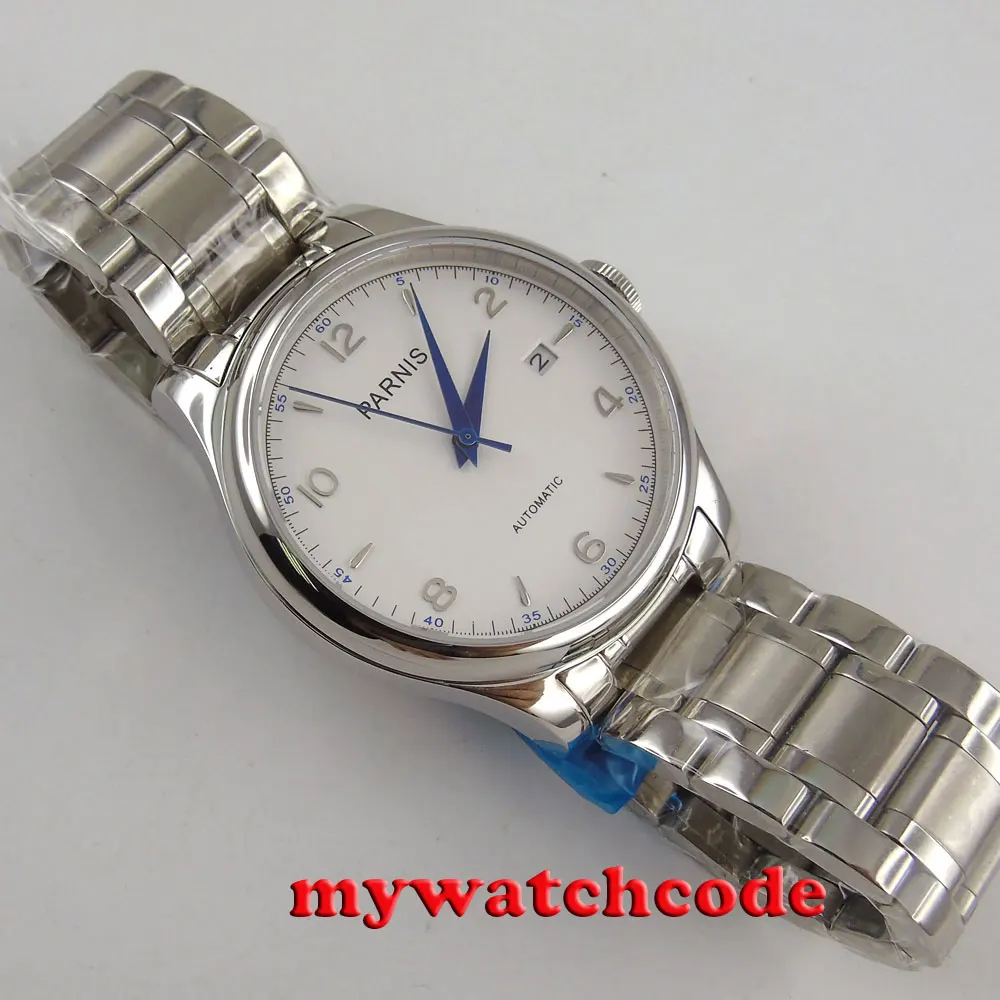 Парниш 38 мм дата с белым циферблатом сапфировое стекло автоматические мужские