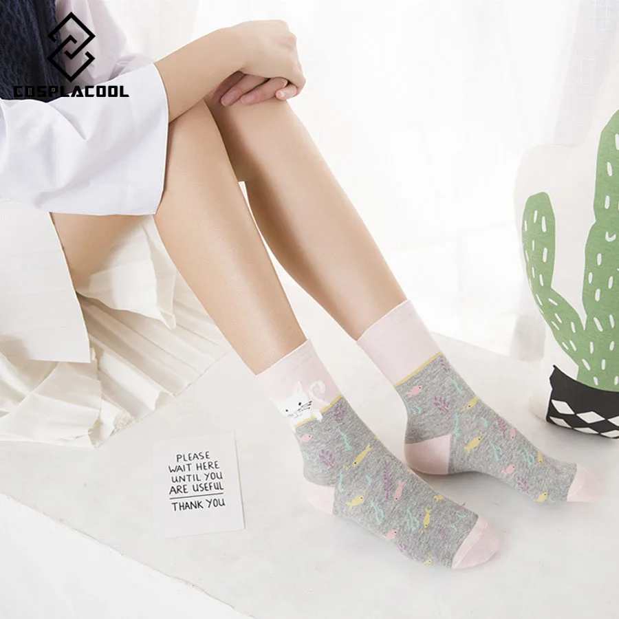 [COSPLACOOL] новые носки для женщин кошек и рыбок цвет черный теплый мультяшный
