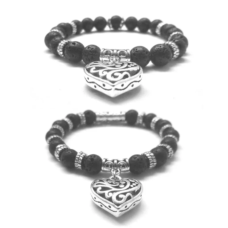 Love Heart Pendant 8MM Black Lava Stone DIY Aromatherapy Essential Oil Diffuser Bracelet Men Women Jewelry Pulseras Mujer | Украшения и