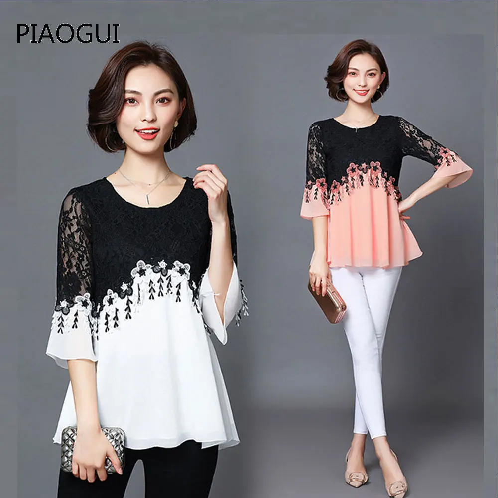 Новый для женщин шифоновые блузки с кружевом топы корректирующие 2019 сезон: