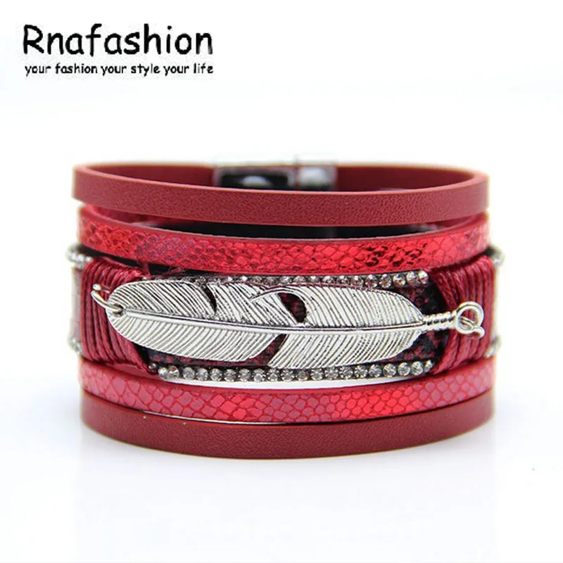 RNAFASHION модный сплав перья листья широкий Магнитный кожаный браслет Многослойные