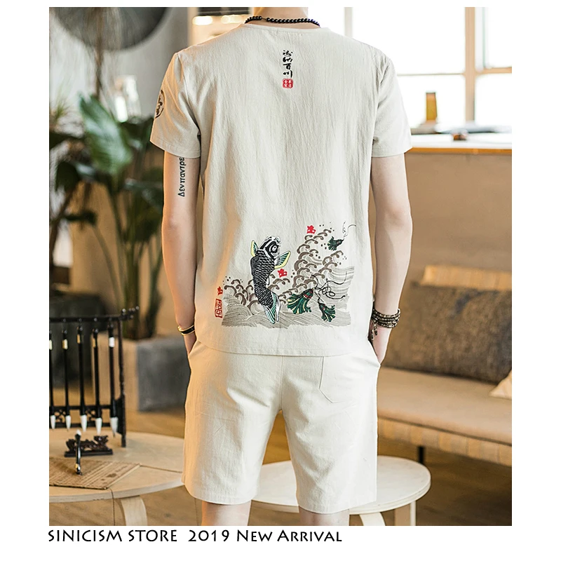 Sinicism Store Harajuku Fish спортивный костюм для мужчин летние мужские льняные шорты комплекты мужской уличной одежды в китайском стиле комплекты из 2 предметов