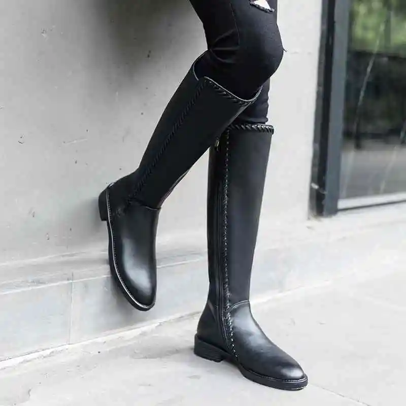 black cow leather Krazing Pot/эластичные высокие сапоги из натуральной кожи женские сапоги-гладиаторы на среднем каблуке, сохраняющие тепло, в консервативном стиле, выше колена, L16 - Цвет: black cow leather