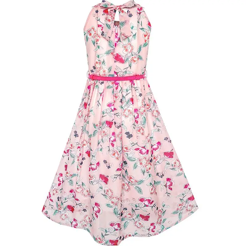 Flower Girl Dress Pink Floral Red Belt Chiffon Maxi dress 2020 Summer Princess Wedding Party Gowns Kids Clothes Size 6-14 | Детская