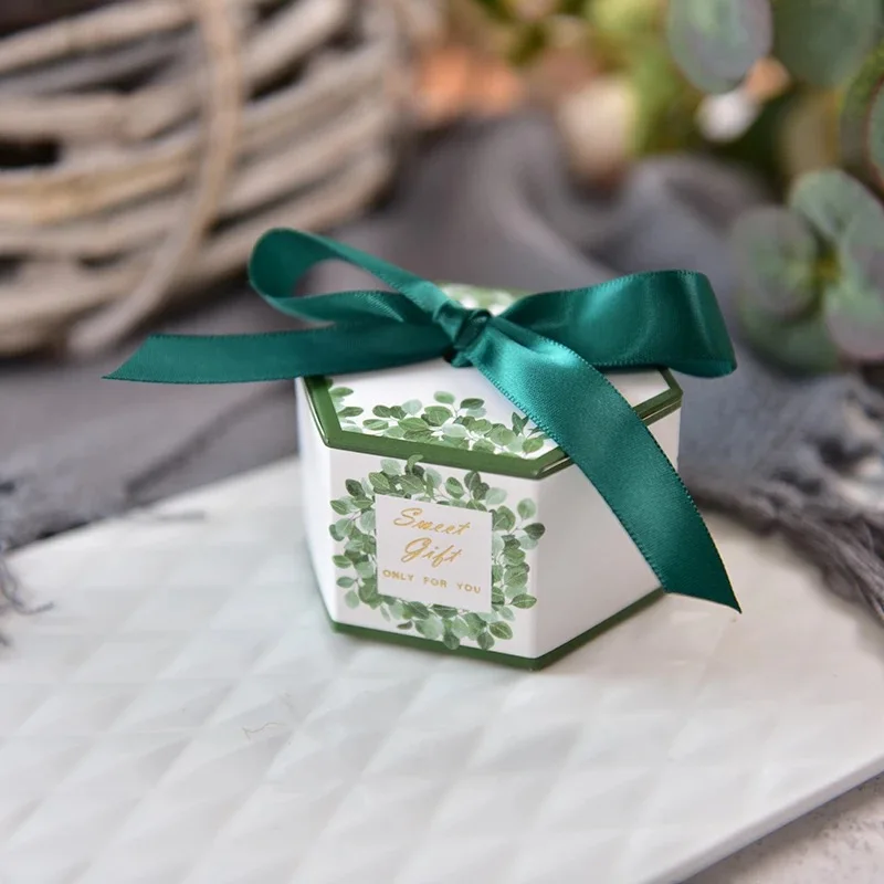 Шестигранные коробки для конфет с листьями эвкалипта темно зеленого леса 50 шт.