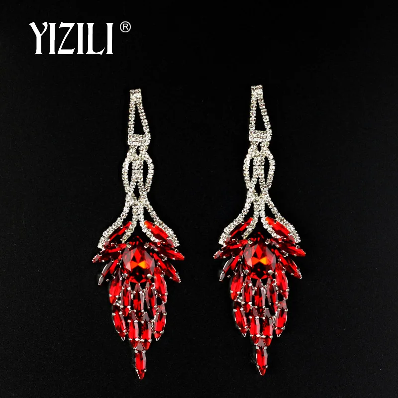 red YIZILI Роскошные Длинные массивные висячие серьги зеленые прозрачные стразы серьги для женщин 4 вида цветов выбор Висячие свадебные серьги se075 - Окраска металла: red