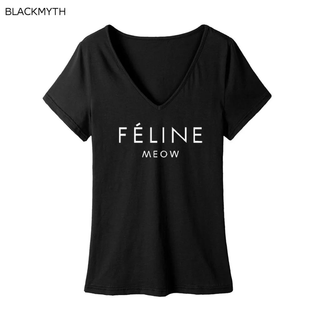 BLACKMYTH FELINE MEOW женская футболка хлопок v образный вырез топы большие размеры летние