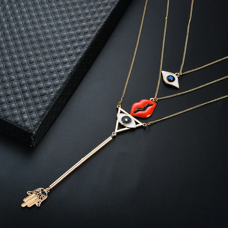 ANL022 3 Layers Statement Long Blue Evil Eye Red Lips Hamsa Hand Pendant Chain Lucky Sweater Necklace | Украшения и аксессуары