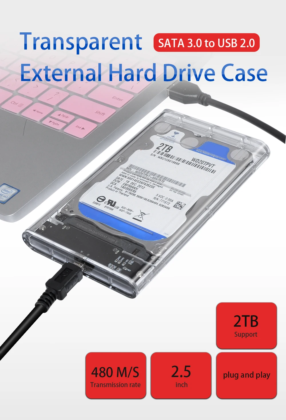 DeepFox универсальный пластиковый 2nd HDD SSD caddy 9,5 мм SATA 3,0-USB 2,0 HDD чехол для 2," жесткого диска корпус