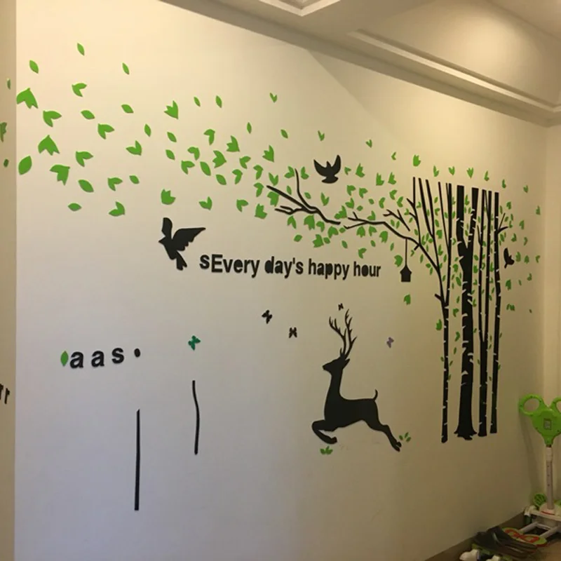 Дерево и бегущий Олень Дизайн Акриловые наклейки на стену DIY для ТВ фон офисные