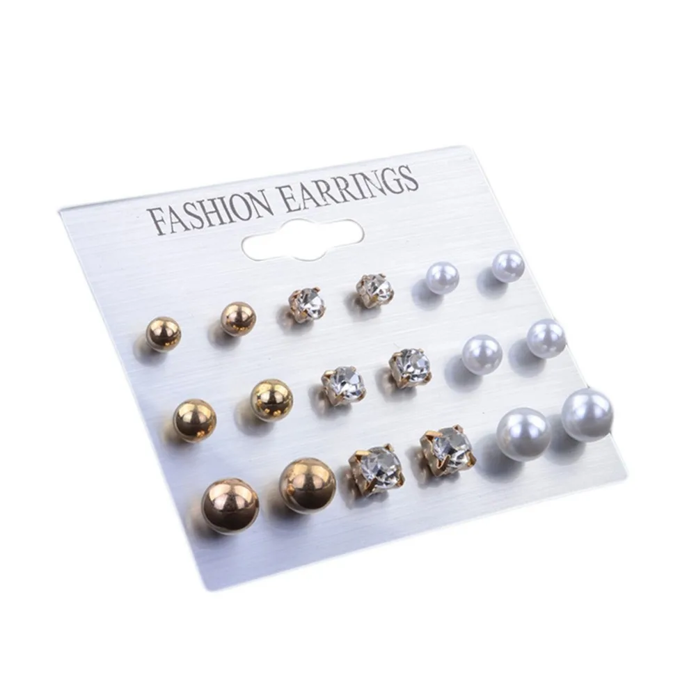 Набор сережек гвоздиков с имитацией жемчуга 9 пар/компл.. Модная серьга гвоздик|stud