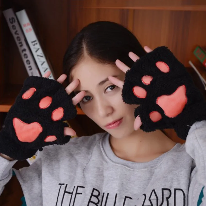 Kawaii зимние теплые ворсинки женские милые плюшевые варежки с котом и лапой