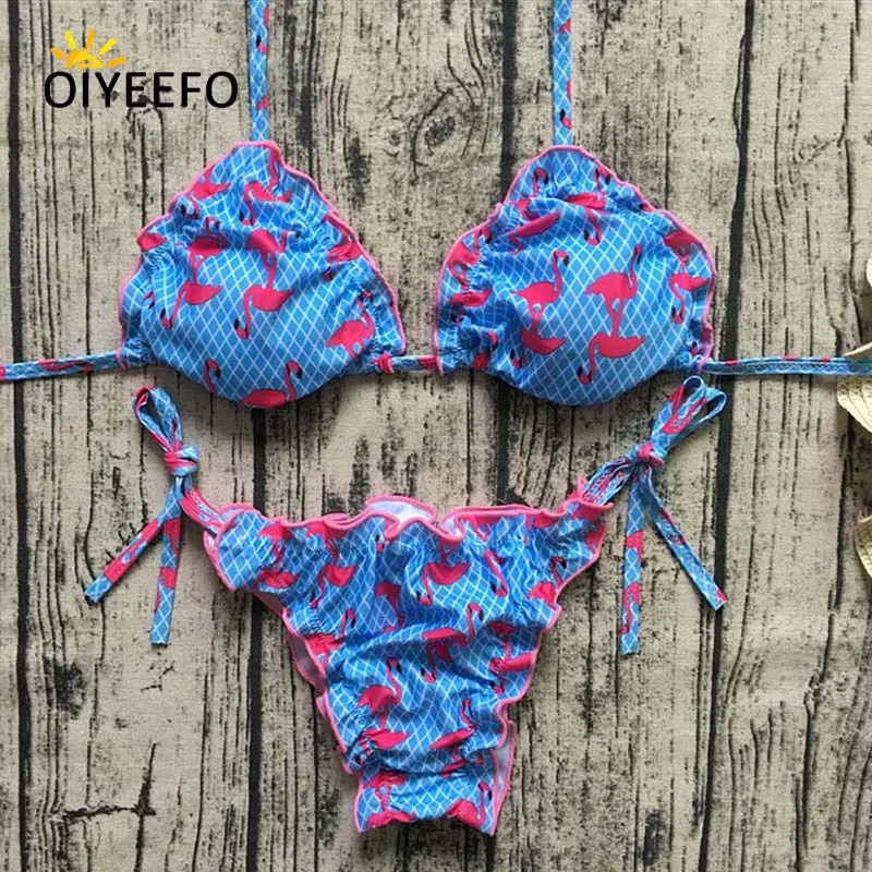 Oiyeefo Новый Фламинго Холтер Бикини Бразильский Micro оборками купальный Костюмы Для