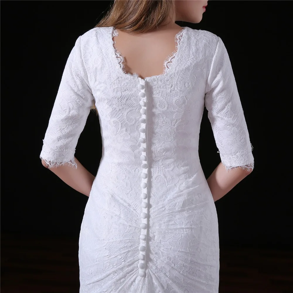 Винтажное белое кружевное свадебное платье с рукавами и пуговицами на спине