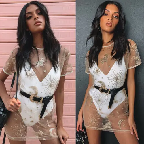 Женское пляжное платье свободного покроя пикантное Сетчатое Прозрачное мини с