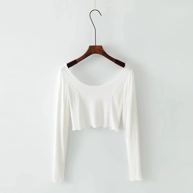 skitzyou Long Sleeve Women Casual Slim Summer T Shirt Cotton Elastic White Black Short Crop Top Tees Backless Sexy Basic Cropped | Женская