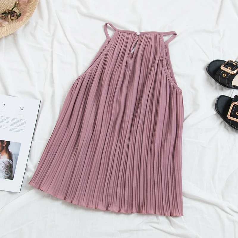 Рубашка женская шифоновая плиссированная без рукавов милый однотонный топ на