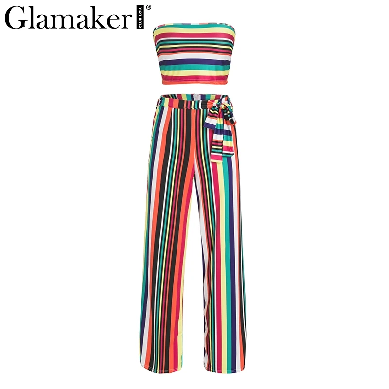 Glamaker Boho костюм из двух предметов, полосатый соблазнительный комбинезон-Ромпер, пояс с высокой талией, укороченный Летний комбинезон, женский комбинезон без бретелек