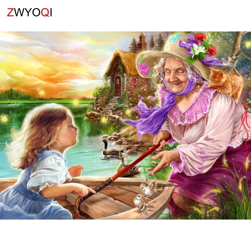 Полноразмерная Алмазная вышивка крестиком бабушка девушка лодка озеро любовь