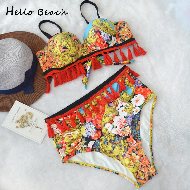 Hello Beach 2018 бикини пуш ап Национальный ветрозащитный купальный костюм с бахромой