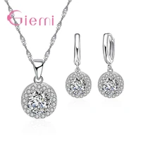 hot wholesale fashion round cz jewelry set 925 sterling silver pendant necklace and earrings for women gift sets