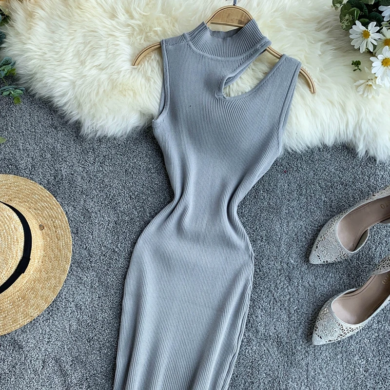 OCEANLOVE Knitted Sexy Dress Hollow Out Sleeveless High Waist Women Midi Dresses Summer Bodycon Retro Slim Vestidos 12431