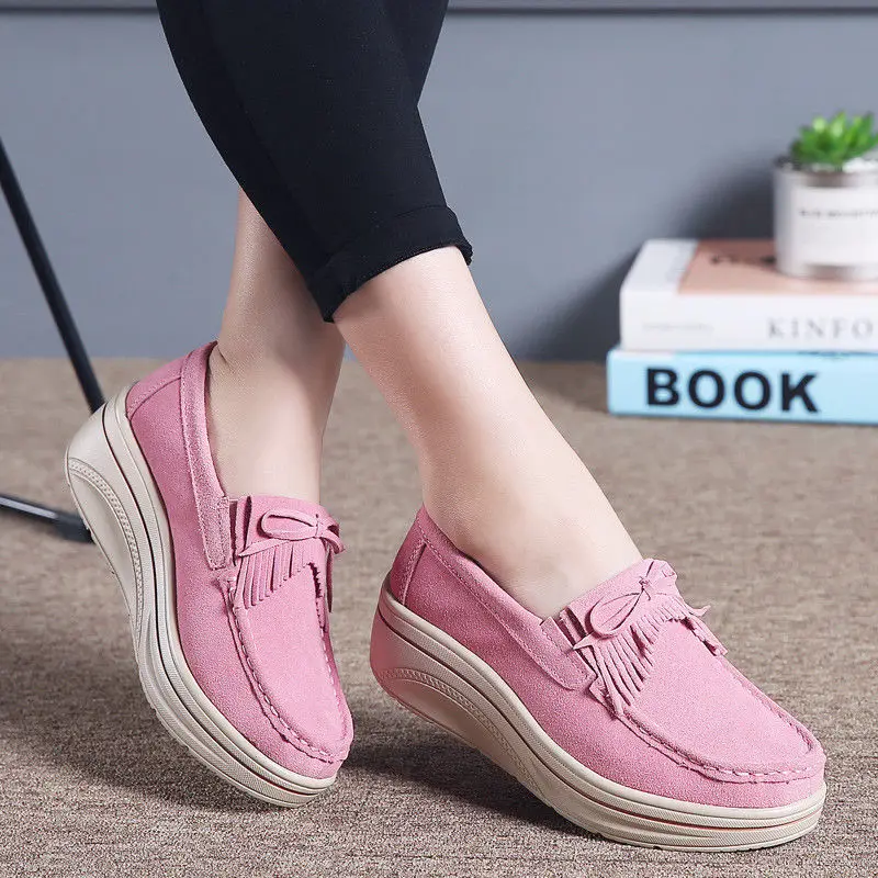 3037 Pink PINSEN/ весенняя женская обувь на плоской подошве; кроссовки на платформе; женская повседневная обувь из кожи и замши; слипоны на плоской подошве; криперы; Мокасины - Цвет: 3037 Pink