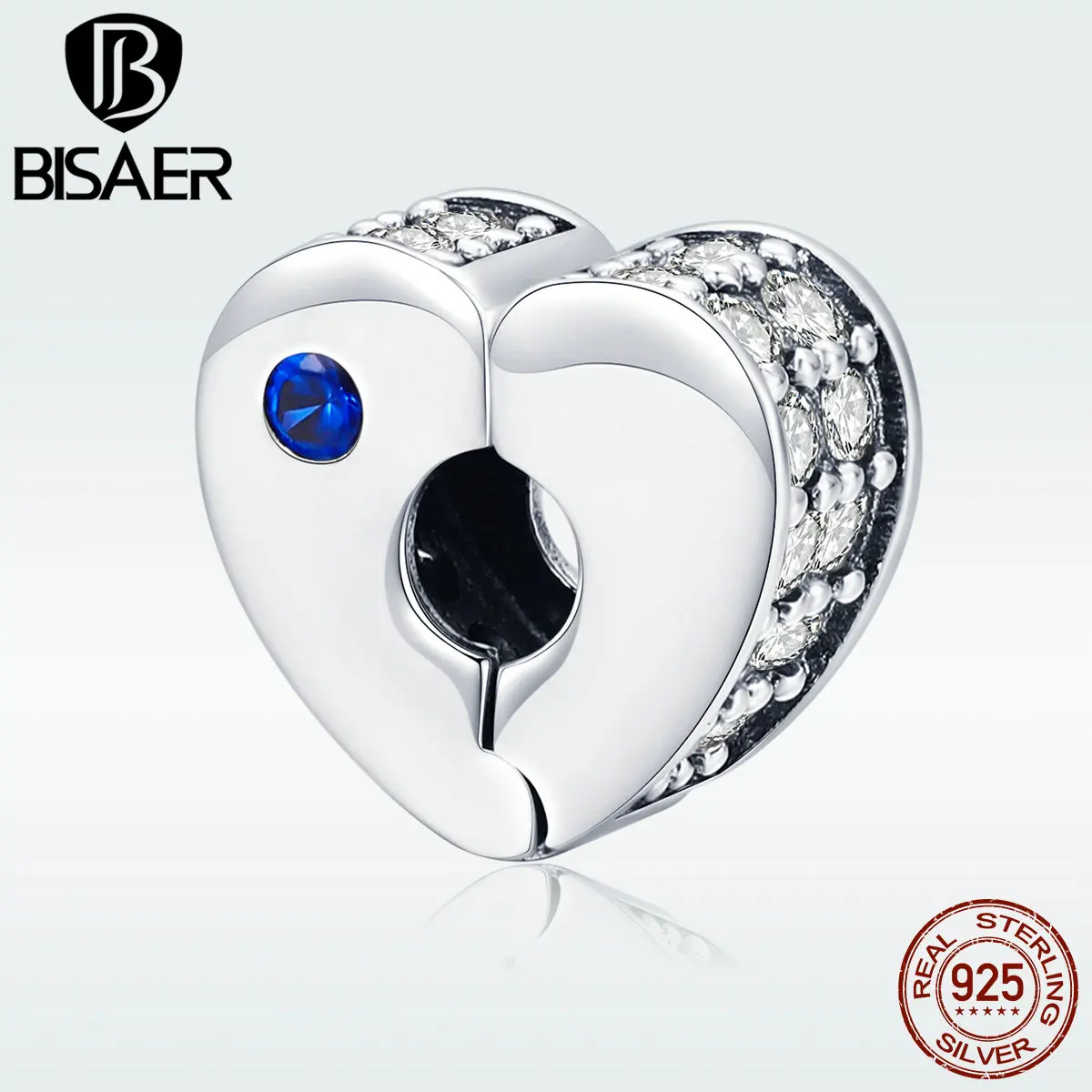 

BISAER 925 Sterling Silver Charms Heart Stopper Clear CZ Clasp Beads fit Women Bracelets DIY Silver 925 Jewelry Making ECC890