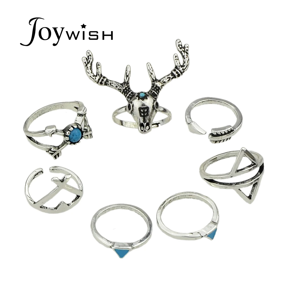 7pcs/set Gothic Style Rings Set Antique Silver Color Jewelry Bijoux Blue Stone Deer Triangle Geometric Midi Ring Anel | Украшения и
