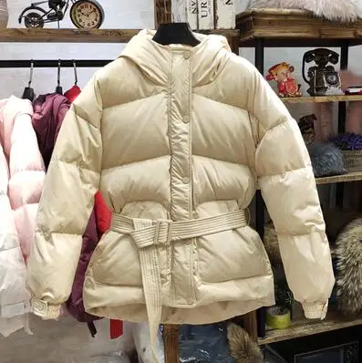 khaki Зимнее женское приталенное пальто с капюшоном, 90% белый утиный пух, куртка с поясом, женская пуховая парка, Толстая теплая зимняя куртка, зимняя верхняя одежда - Цвет: khaki