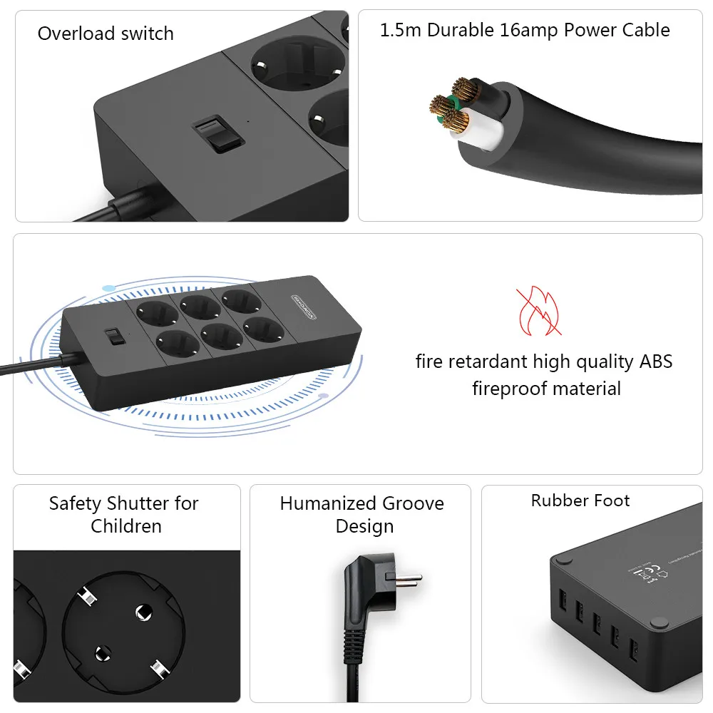 Фото Сетевой фильтр NTON Smart POWER Strip с несколькими разъемами 5 usb-разъемов, защита от перенапряжения-1.5 м шнур питания, настенное зарядное устройство, ... №2