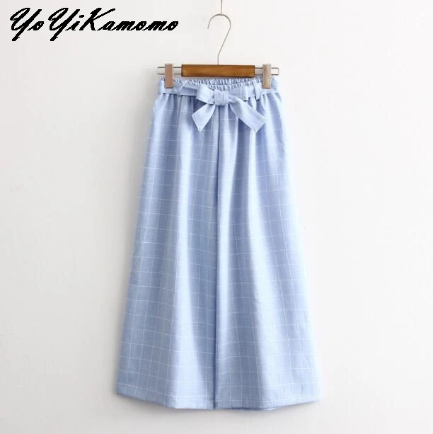 YoYiKamomo 2017 Women Pants Autumn Spring Japanese Mori Girl wide-legged High Waist Plaid Casual Trousers | Женская одежда