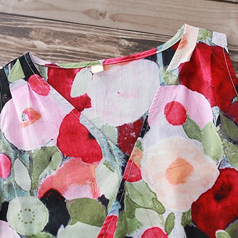 Платье женское повседневное с высокой талией из хлопка цветочным принтом без