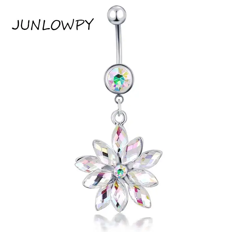 

JUNLOWPY Navelpiercing Stainless Steel 20pcs 14 Gauge Steel Bar Rainbow Flower Pendant Dangling Belly Button Rings Body Jewelry