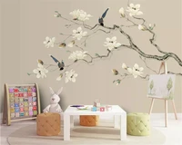 beibehang custom silky papel de parede 3d wallpaper hand painted white magnolia bird new chinese background decorative painting