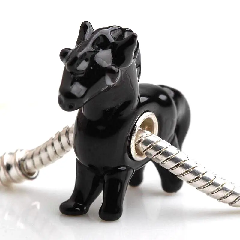 10 шт./лот Мода черный конь ручной работы Lampwork Стекло Большой отверстие серебряный сердечник Бусины Fit Европейский Талисманы браслет DIY ювелирных подарок