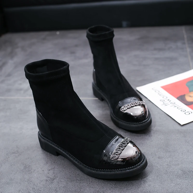 Модный пэчворк стрейч Носки сапоги женщин металлическая цепь с круглым носком