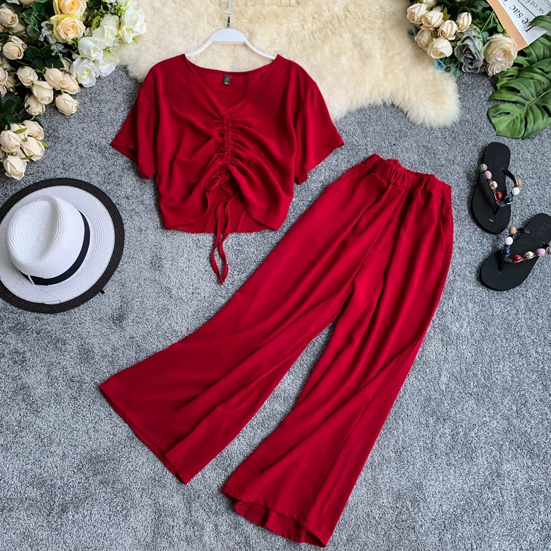 Летняя одежда для женщин модный однотонный шифоновый костюм комплект с v