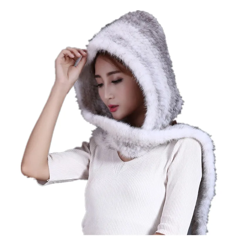 Real mink fur hats with scarves  for women black brown gray color knitted warm atumn winter caps  H117