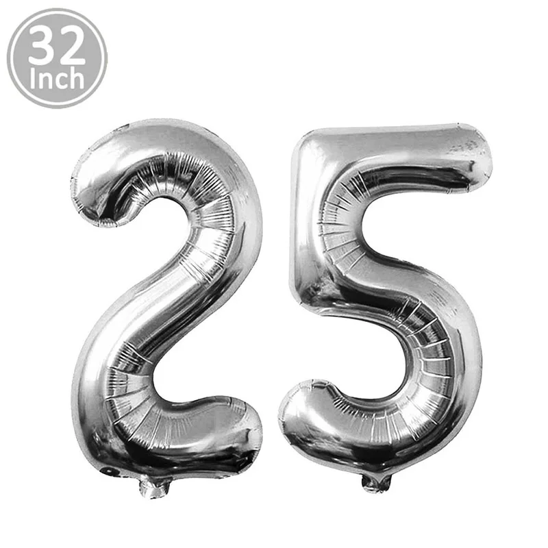 silver number 32 дюйма розовое золото номер 25 фольги Воздушные шары День рождения украшения 25 лет 25 день рождения поставки юбилей баллон - Цвет: silver number