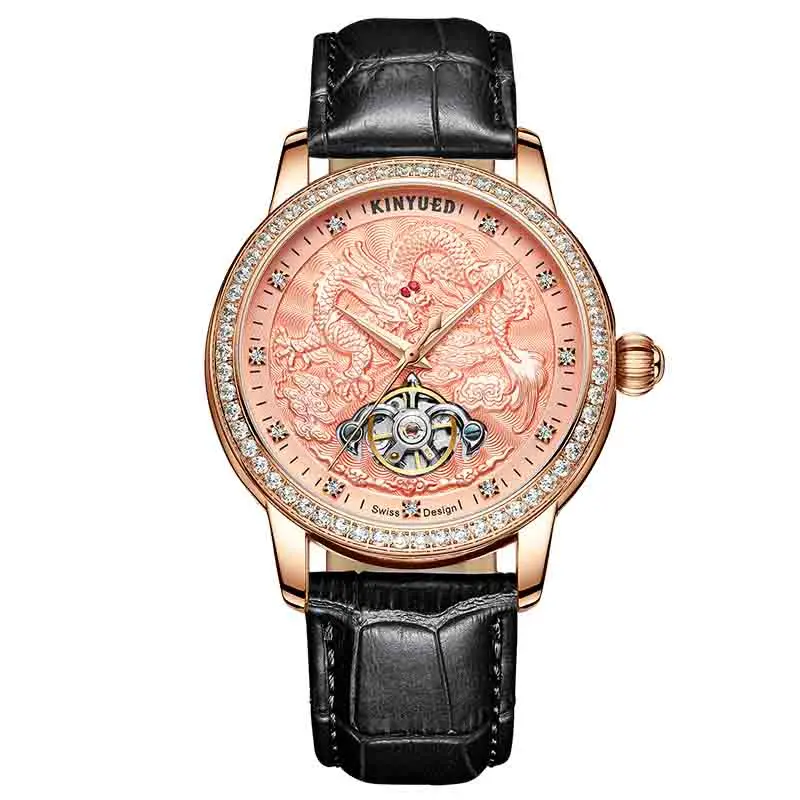 Rose Black Leather Мужские часы KINYUED, Мужские автоматические механические часы с каркасом турбийон, мужские часы из золотистой стали, водонепроницаемые мужские часы - Цвет: Rose Black Leather